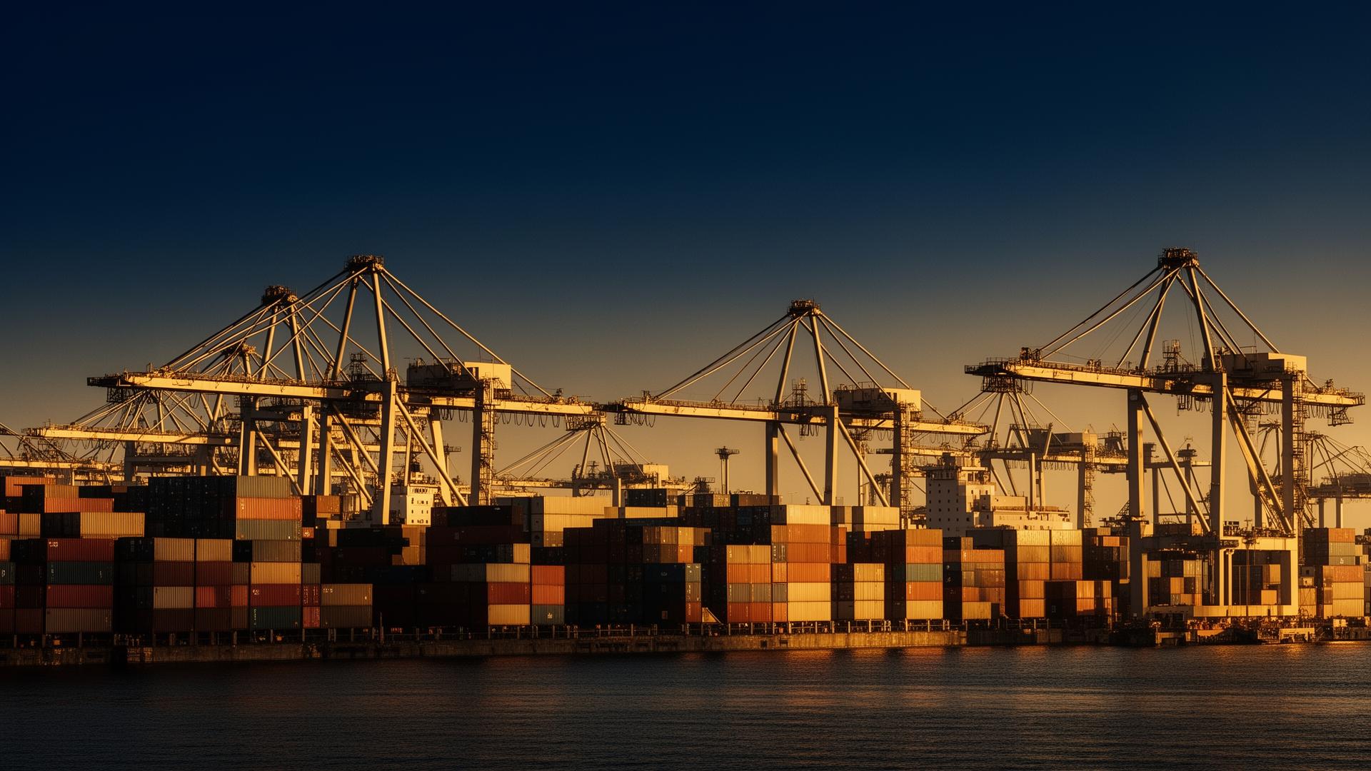 Port, conteneurs et grues — négoce international